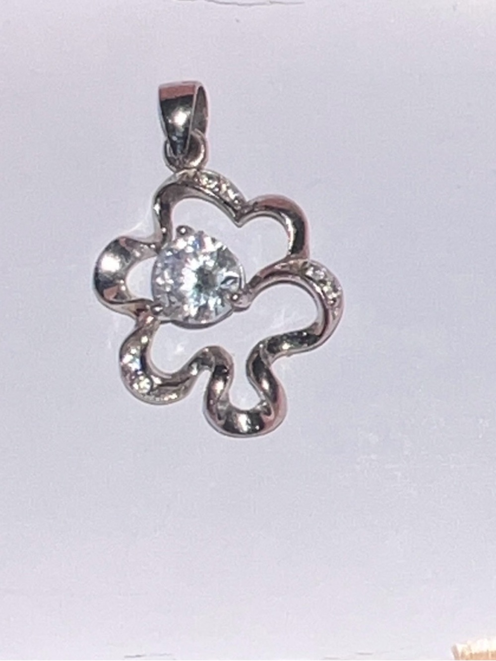 Silver Floral Openwork Necklace Pendant with Clear Stone from Singapore